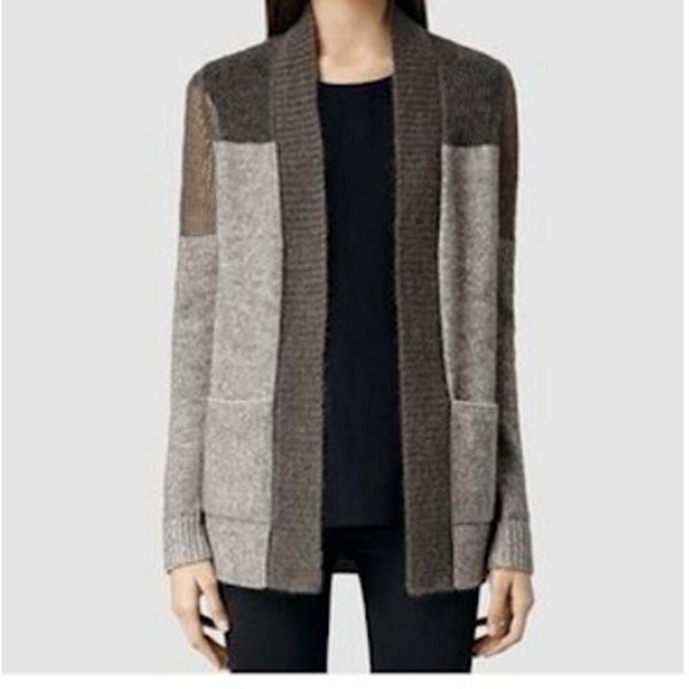 All Saints Women's Air Cardigan 4 Mohair Open Knit Sweater Gray Pockets